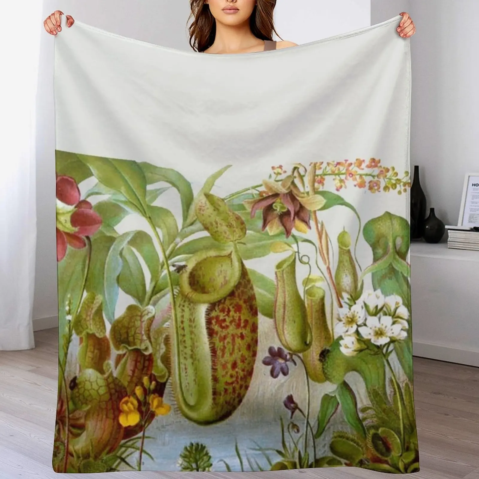 Vintage Carnivorous Plant Illustration Throw Blanket Flannel Fabric Retros Blankets