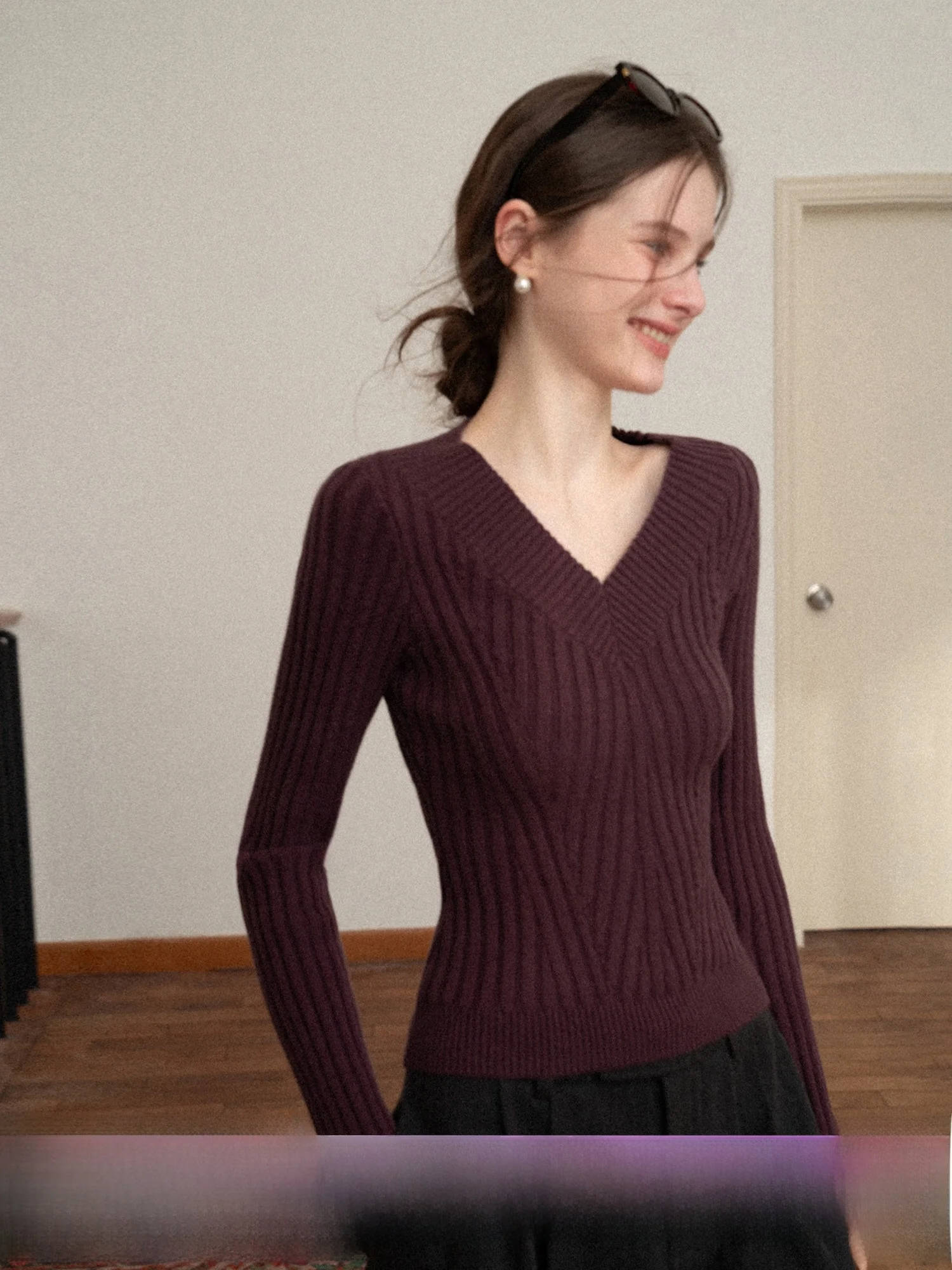 

Eggka Simple V-Ne Long Sve Knitted Sweater Women's Slim Fit Base Layer irt Inner Wear Top Soft Polyester Fiber