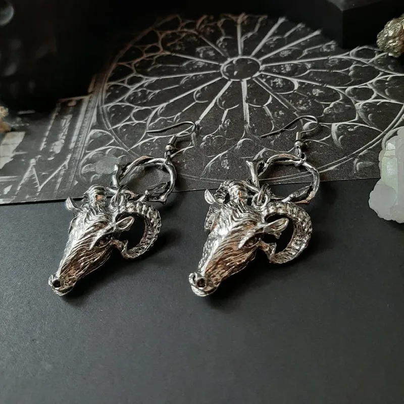 New Goth Baphomet Goat Thorn Earrings Gothic Witch Satan Occult Alternative Statement Jewelry Satanic Ram Skull Medieval Women