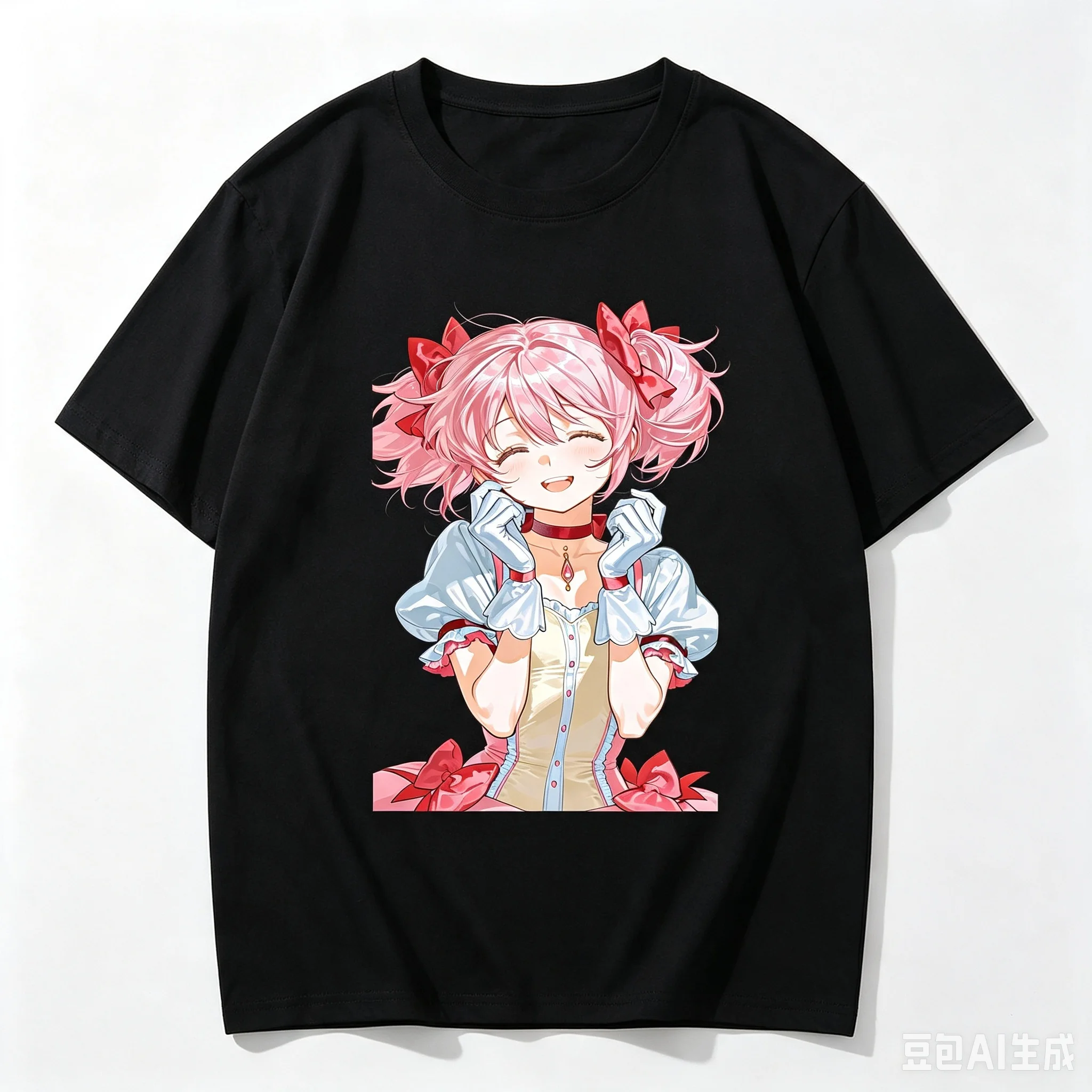 Madoka Kaname Magical Girl Costume Smiling Bust Anime Cutout Graphic Crew Neck Short Sleeve Comfortable Women And Men T-Shirt