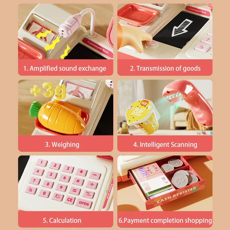 مجموعة ألعاب تسجيل المدفوعات النقدية المكونة من 51 قطعة للأطفال مع آلة حاسبة حقيقية، ماسح ضوئي، ميكروفون، مجموعة لعب كاشيير هدية واقعية للأطفال #3