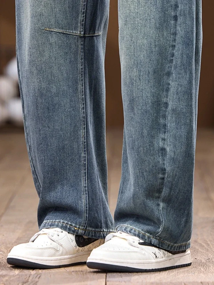 팝 여름 얇은 남성 빈티지 청바지 맞춤형 한국 패션 streetwear 캐주얼 스트레이트 루즈 와이드 데님 바지 남성