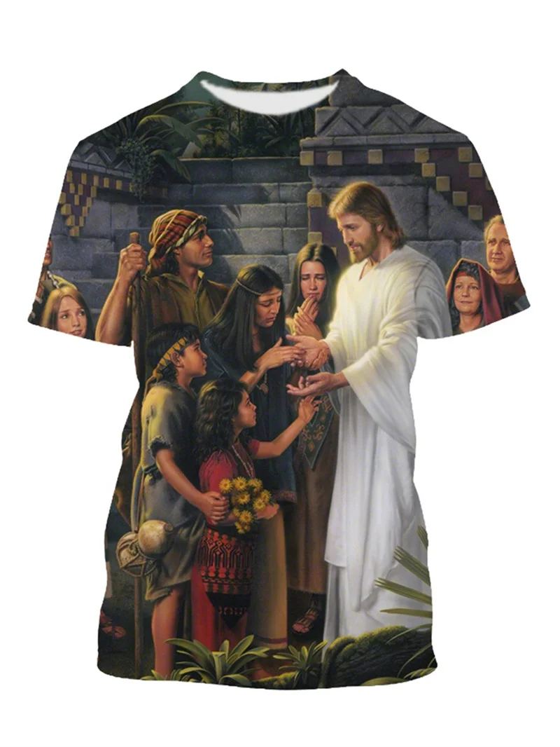 3D Christian Jesus Oil Painting Printed Men T-shirt Oversized Vintage T Shirt Streetwear Aesthetic Y2K Soft Unisex Tops Clothes