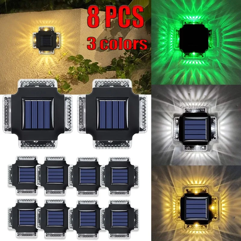 1-8PCS Waterproof LED Solar Lights Solar Wall Lamp Four Sides Spotlight Outdoor Sunlight Light Garden Lighting Yard Fence Decor