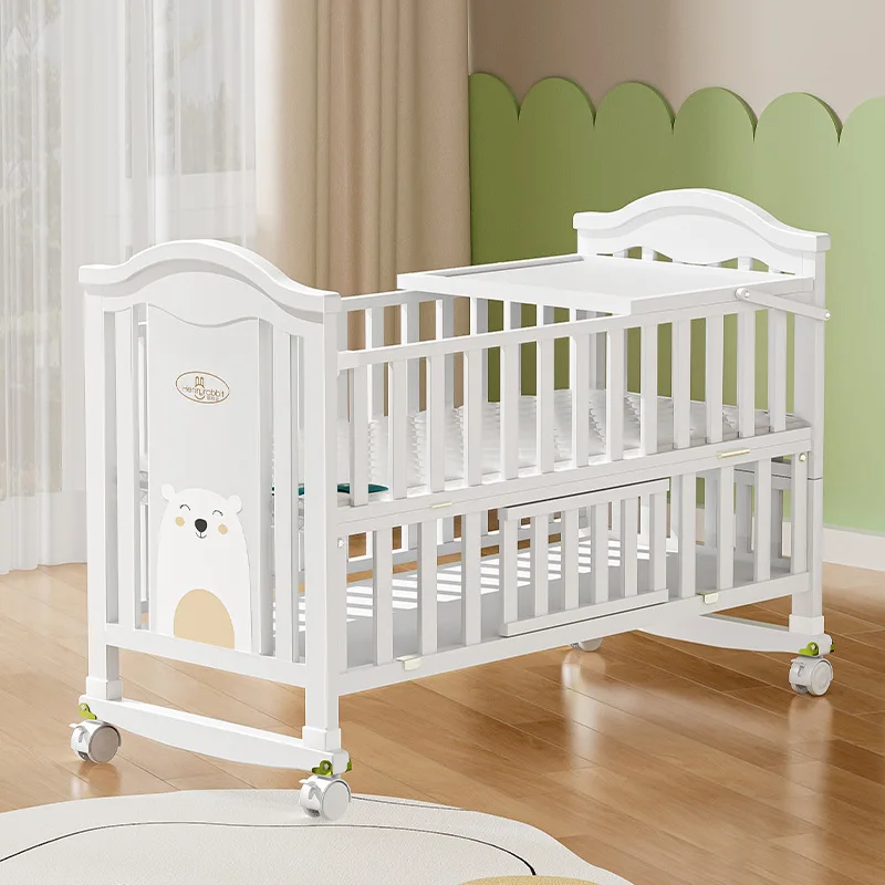Babyfond high quality Solid Wood Baby bed with wheels Movable Multi-Functional Newborn Cradle Infant Toddler bed Joint Parents