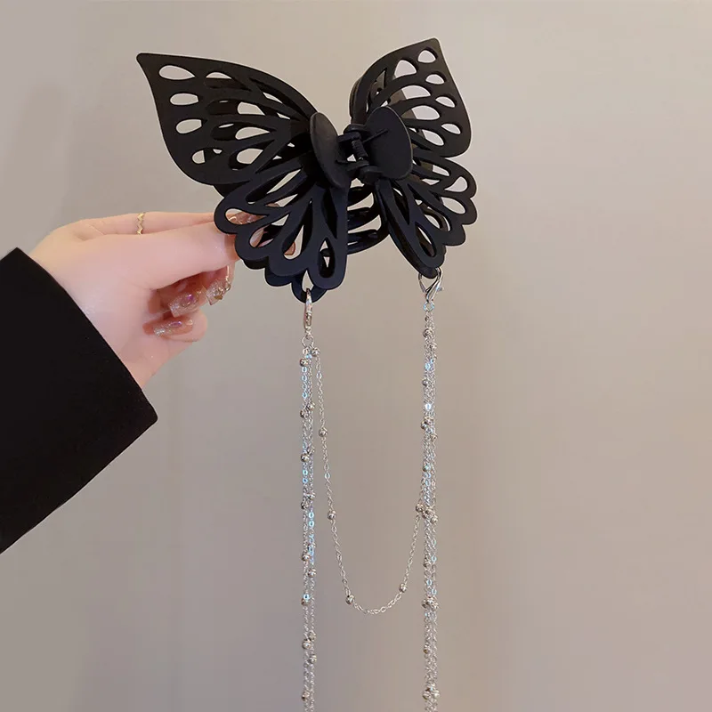 New Female Large Size Butterfly Tassel Hair Claw Simple Solid Color Ponytail Claw Clip Girls Woman Headwear Hair Accessories