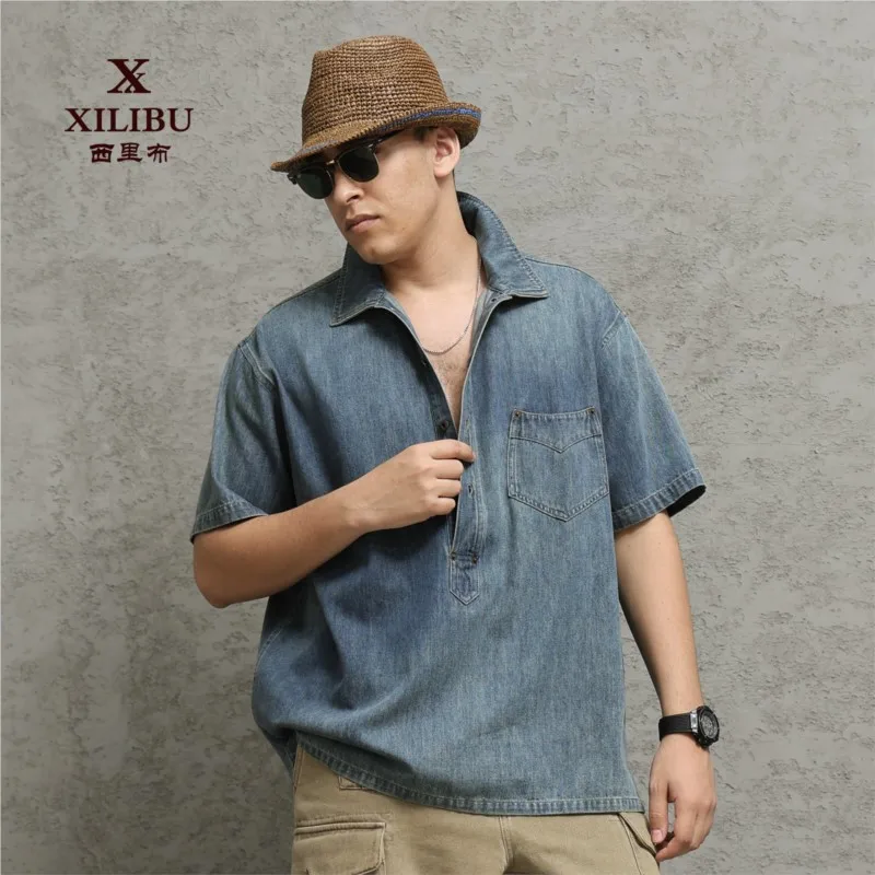 Amekaji Vintage Miner's First Year Denim Half Sleeve Shirt Amekaji Washed Distressed Pullover Short Sleeve
