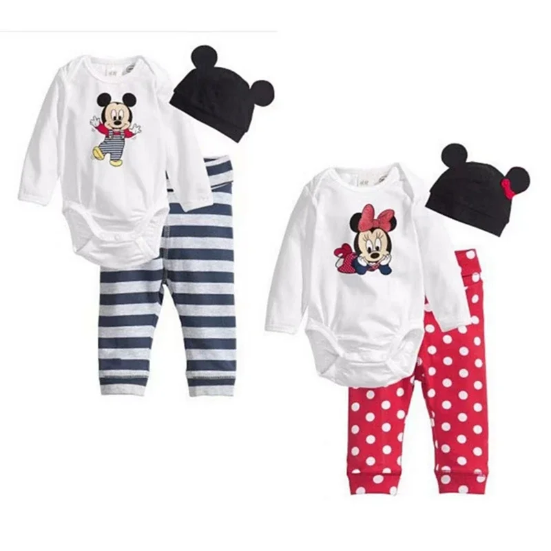 Spring Autumn Newborn Baby Romper+Pants+Hat 3Pcs Set Baby Boy Girl Clothes Suit Mickey Minnie Infant Jumpsuit One Piece Bodysuit