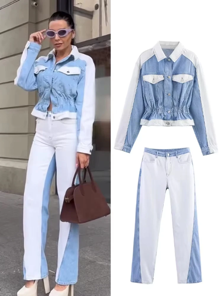 

HH женский джинсовый костюм с длинными рукавами и лацканами, однобортные карманы, плиссированная дизайнерская куртка, пальто + прямые джинсы на молнии