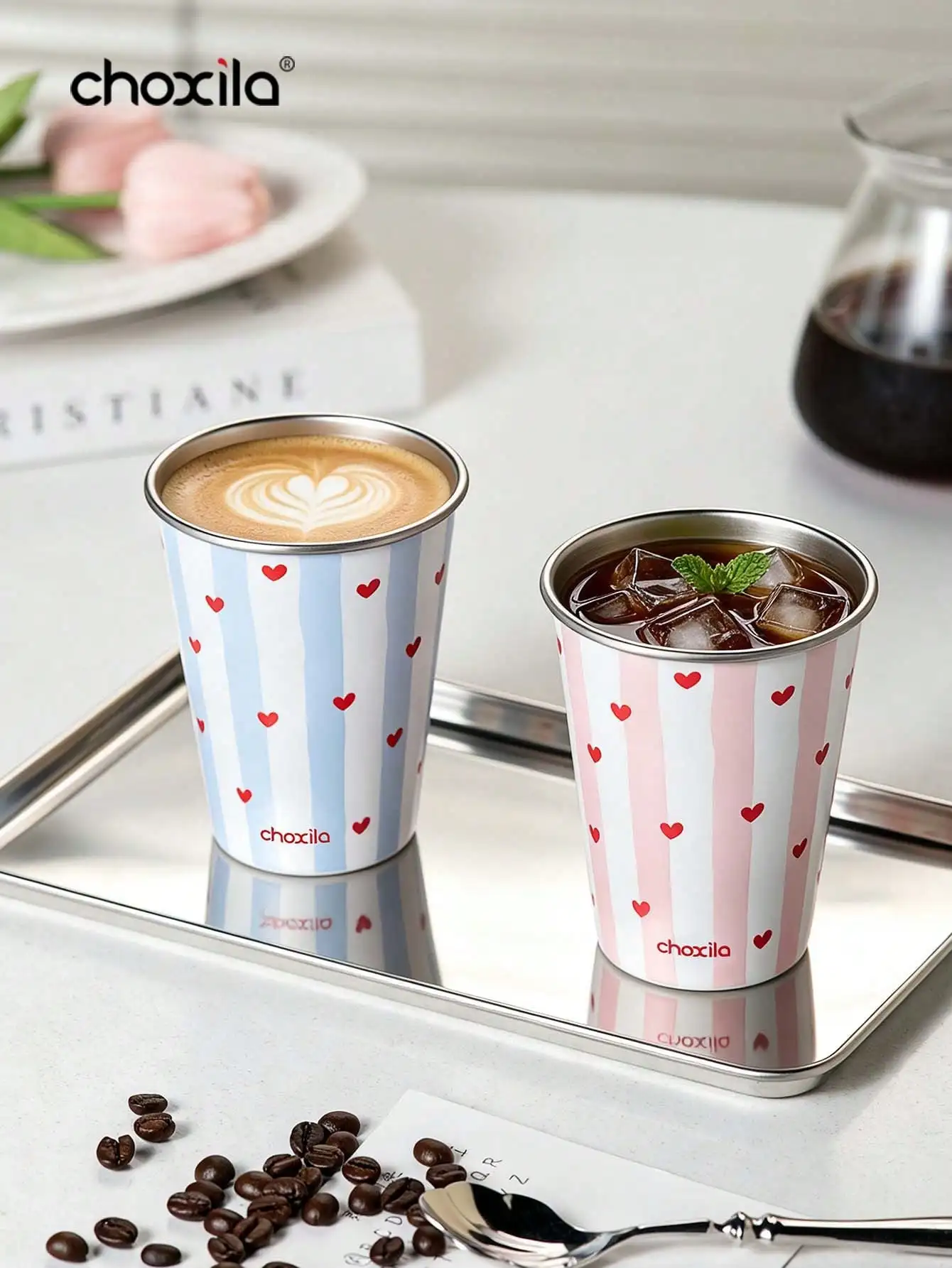 350ml 304 Stainless Steel Striped Heart Coffee Mug, Saudi Coffee Cup for Camping Office, Saudi National Day Gift