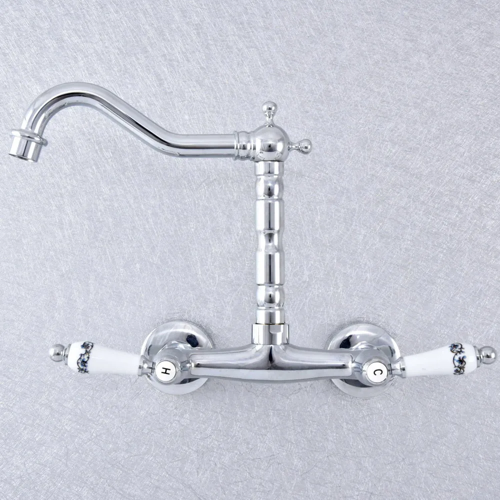 

Silver Polished Chrome Brass Wall Mounted Dual Ceramic Handles Levers Kitchen Bathroom Vessel Sink Faucet Mixer Taps asf772