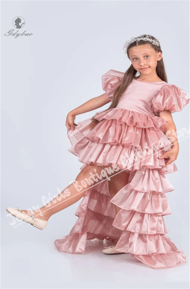 Elegant Bubble Short-Sleeve Flower Girl Dress High-Low Layered Puffy Party Dress for Children's Birthday Model Photography