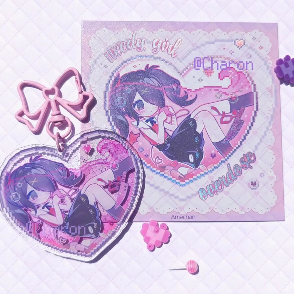 Game Needy Girl Overdose Rain Ame KAngel Cosplay Keychain Acrylic Heart Key Chain Bowknot Keyring Bag Decoration