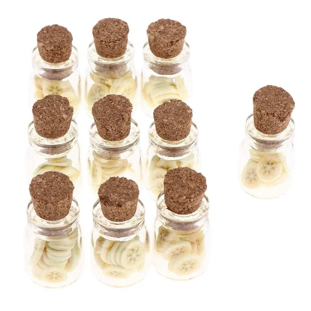 Frasco de vidro com cortiça, 10 peças, escala 1:12, casa de bonecas, modelo de comida em miniatura, banana
