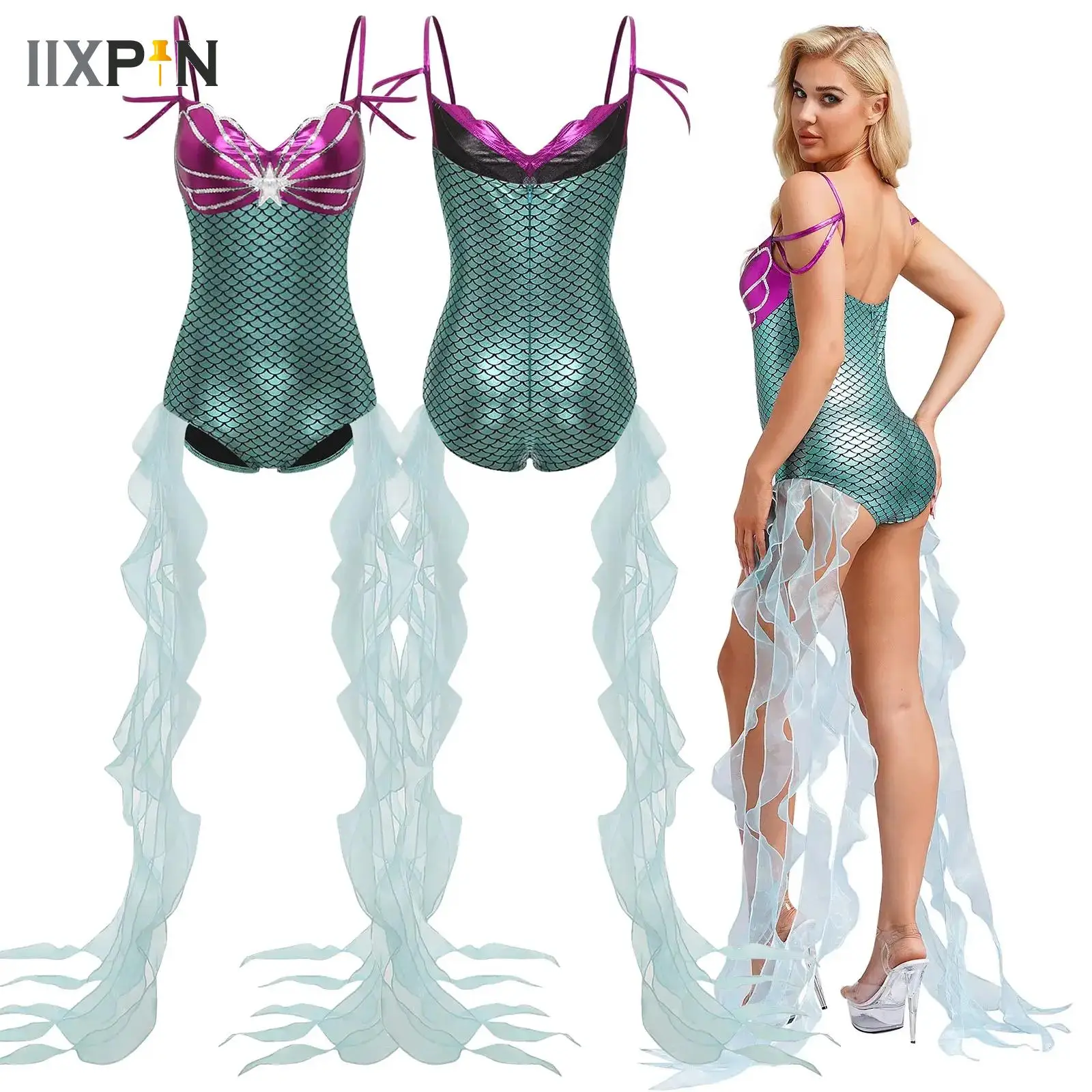 

Womens Mermaid Costume Sparkling Sequin Long Tulle Ruffle Ribbons Bodysuit for Adult Movie Character Cosplay Halloween Party