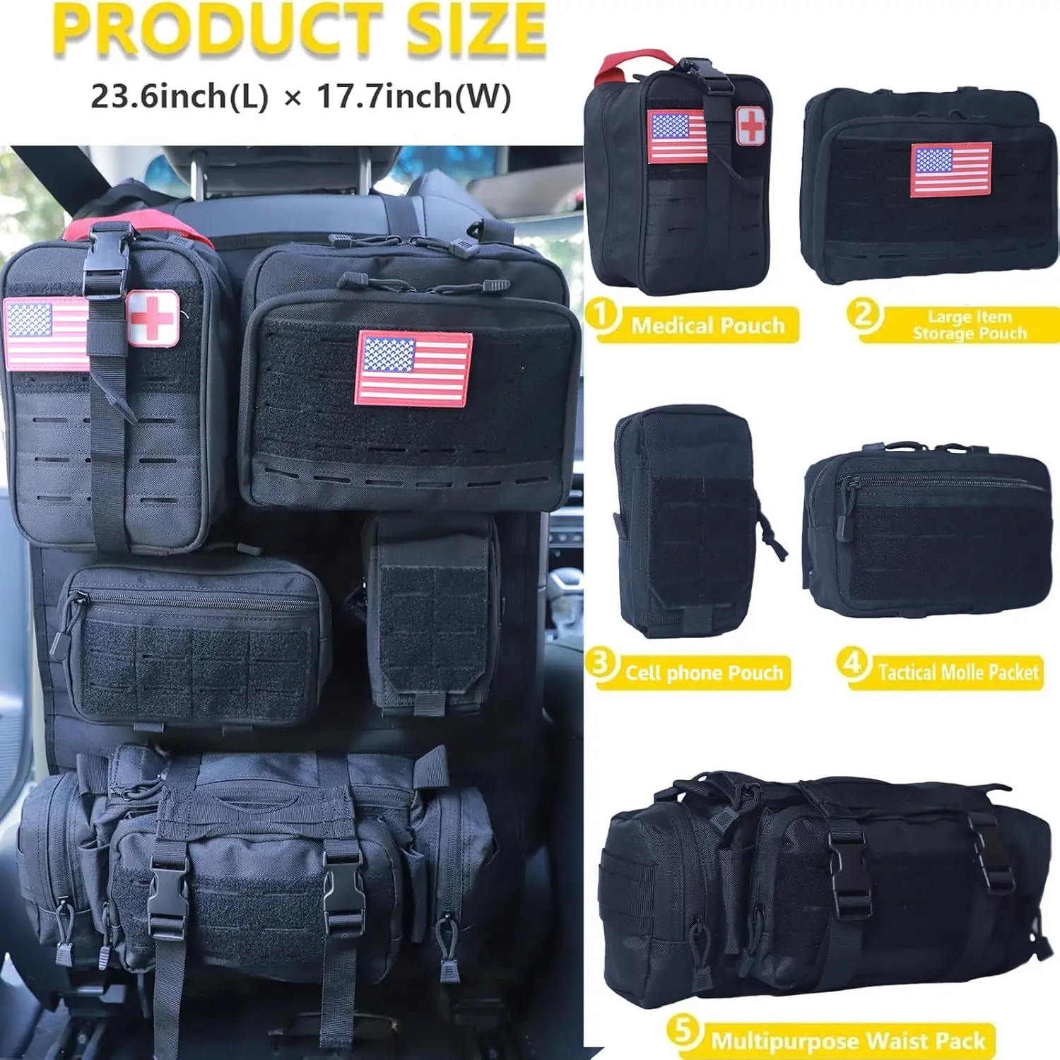 ジープ、トラック、SUV、車用のユニバーサルタクティカルシートバックオーガナイザー（取り外し可能なモールポーチ5個付き）