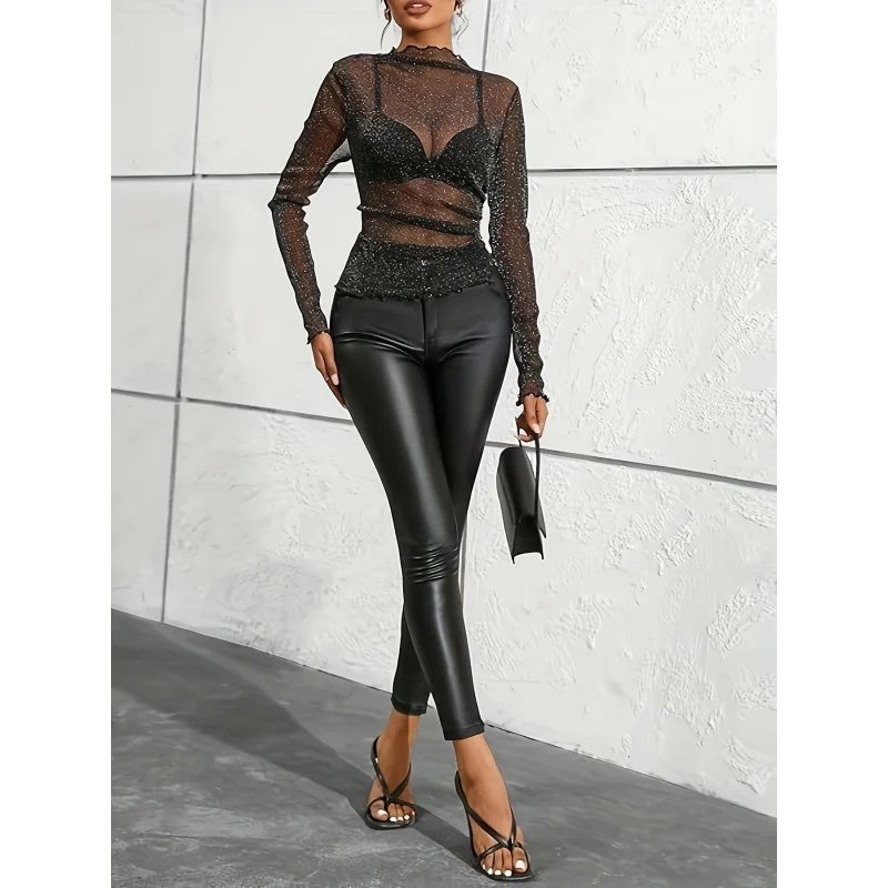 Sheer Mesh Long-sleeve Stand-up Collar-shirt