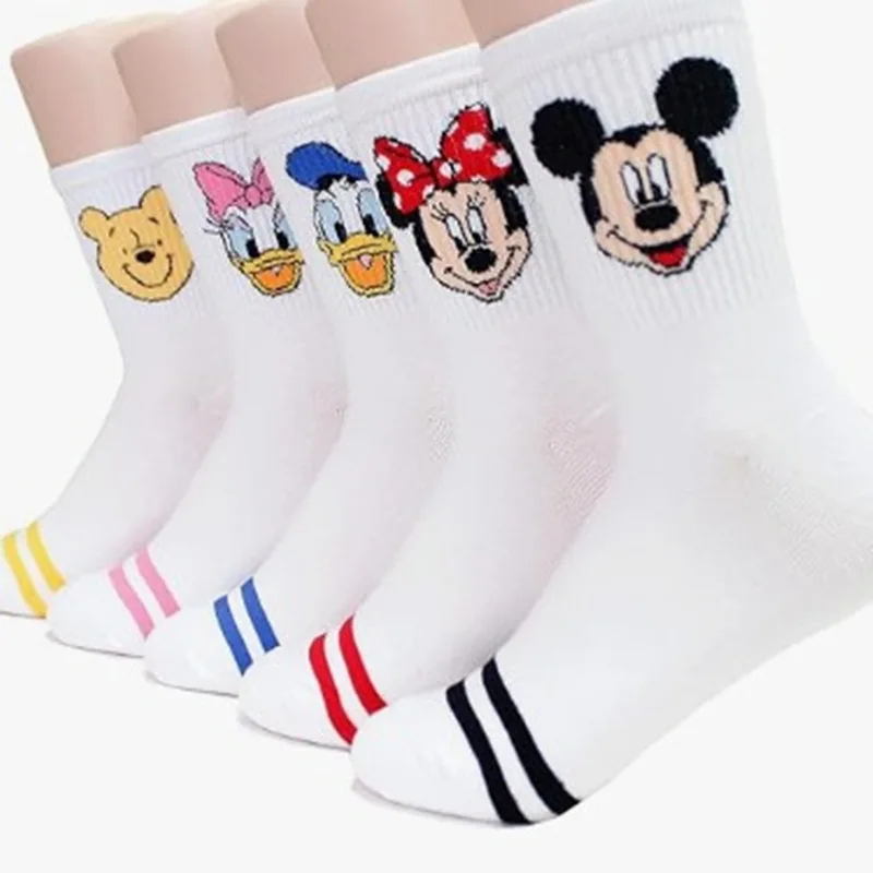 

5 Pairs Cotton Anime Men socks Cartoon Mickey Winnie Minnie Daisy Donald Piglet Stitch White Harajuku Socks Girl Socks For Women