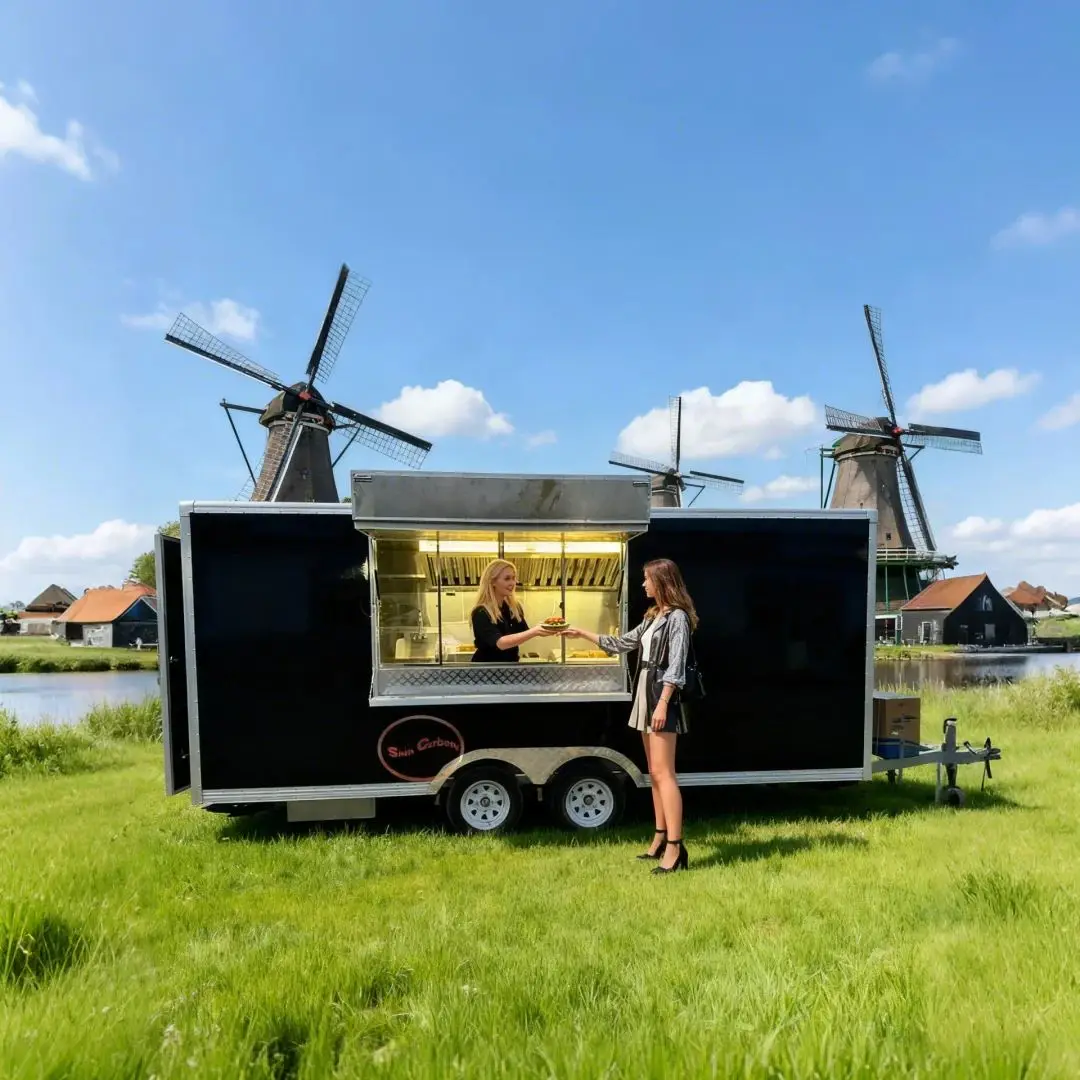 

Industrial Style Black Mobile Food Cart, Outdoor Operating Food Trailer