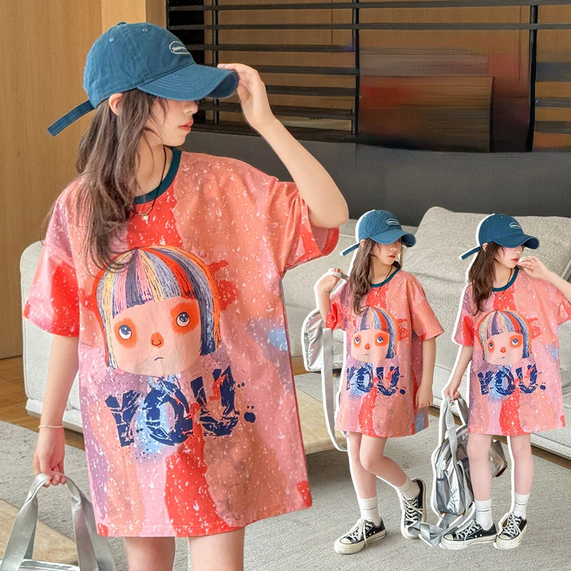 

Summer T-Shirts for Girls Loose Cotton Tops Kids Fashion Cartoon Print Casual Tops Teenagers Clothing 4 6 7 8 10 12 13 14 Years