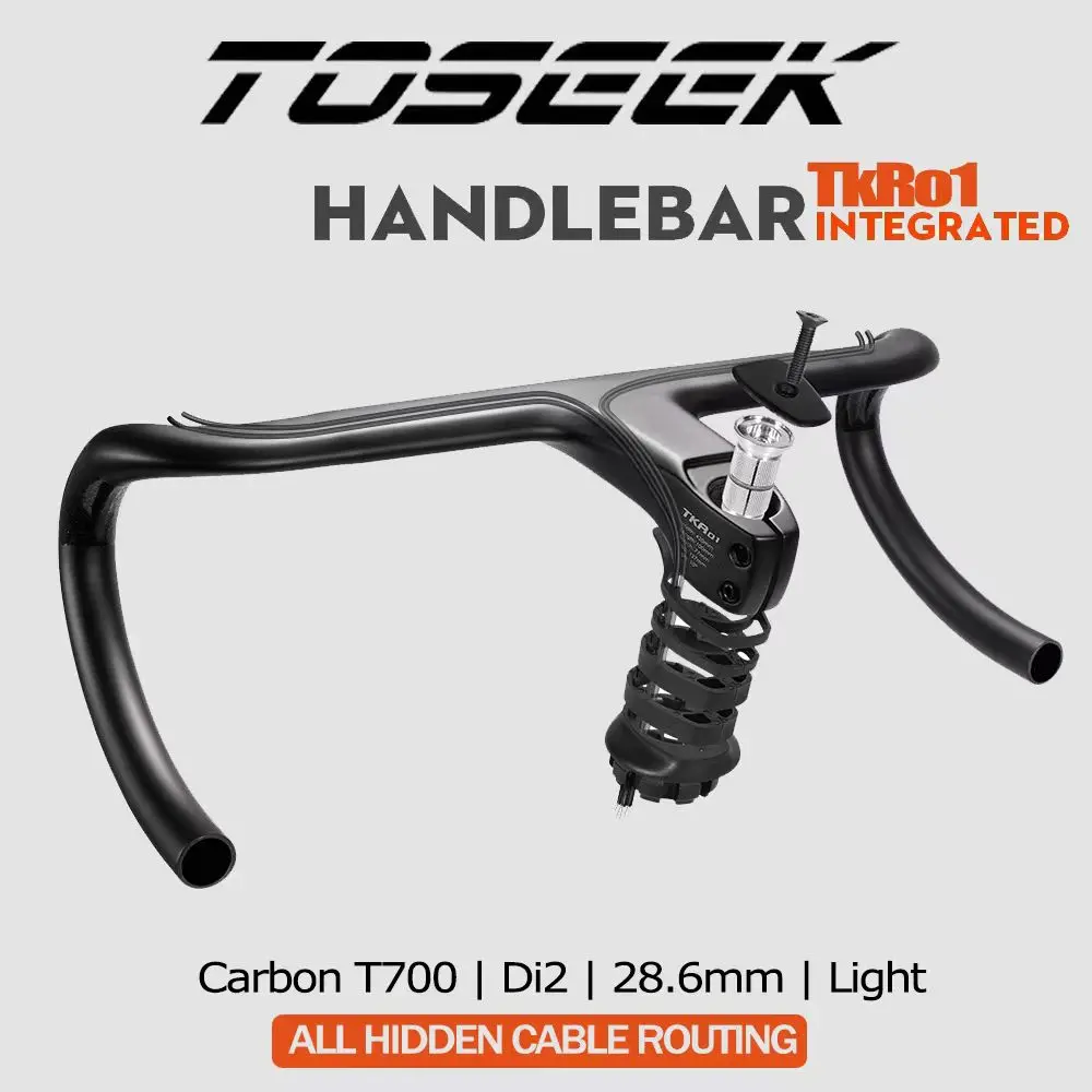 TOSEEK New TKR01 Integrated Road Bike Handlebar 25.4mm/28.6mm Full Internal hidden Cable Routing Full Carbon Free Fittings