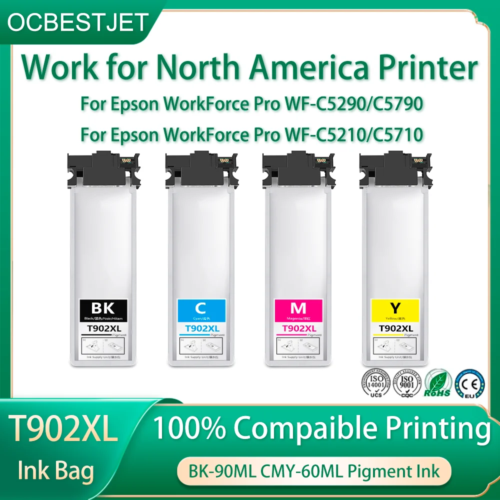 

1set For Epson T902XL 902XL Ink Cartridge With Pigment Ink For Epson WF C5290 C5790 C5210 C5710 BK-90ml CMY-60ml