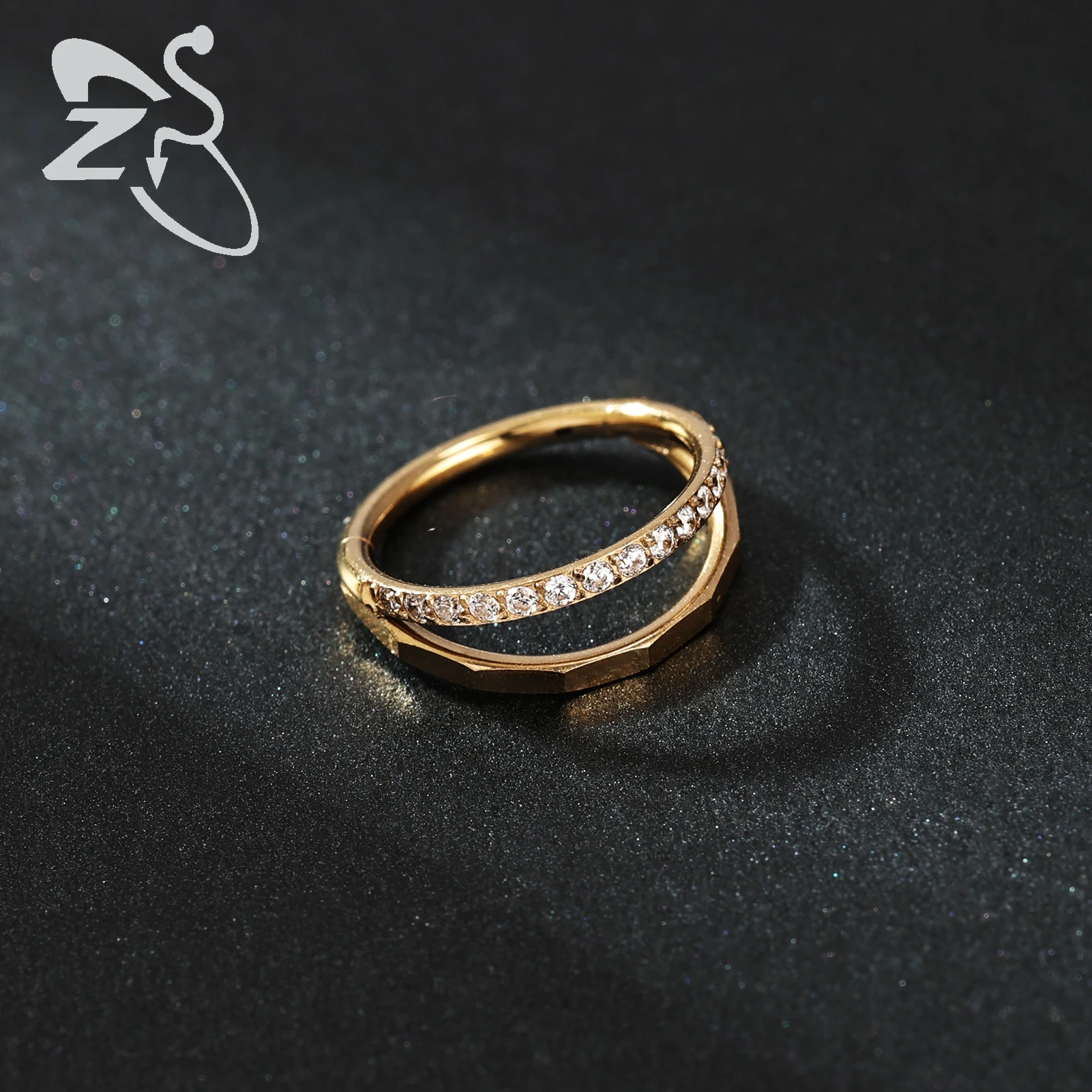 ZS 1PC Gold Color Septum Ring Crystal Nose Piercing Stainless Steel Nose Clicker Double-Layer Plain Circle Cartilage Piercings
