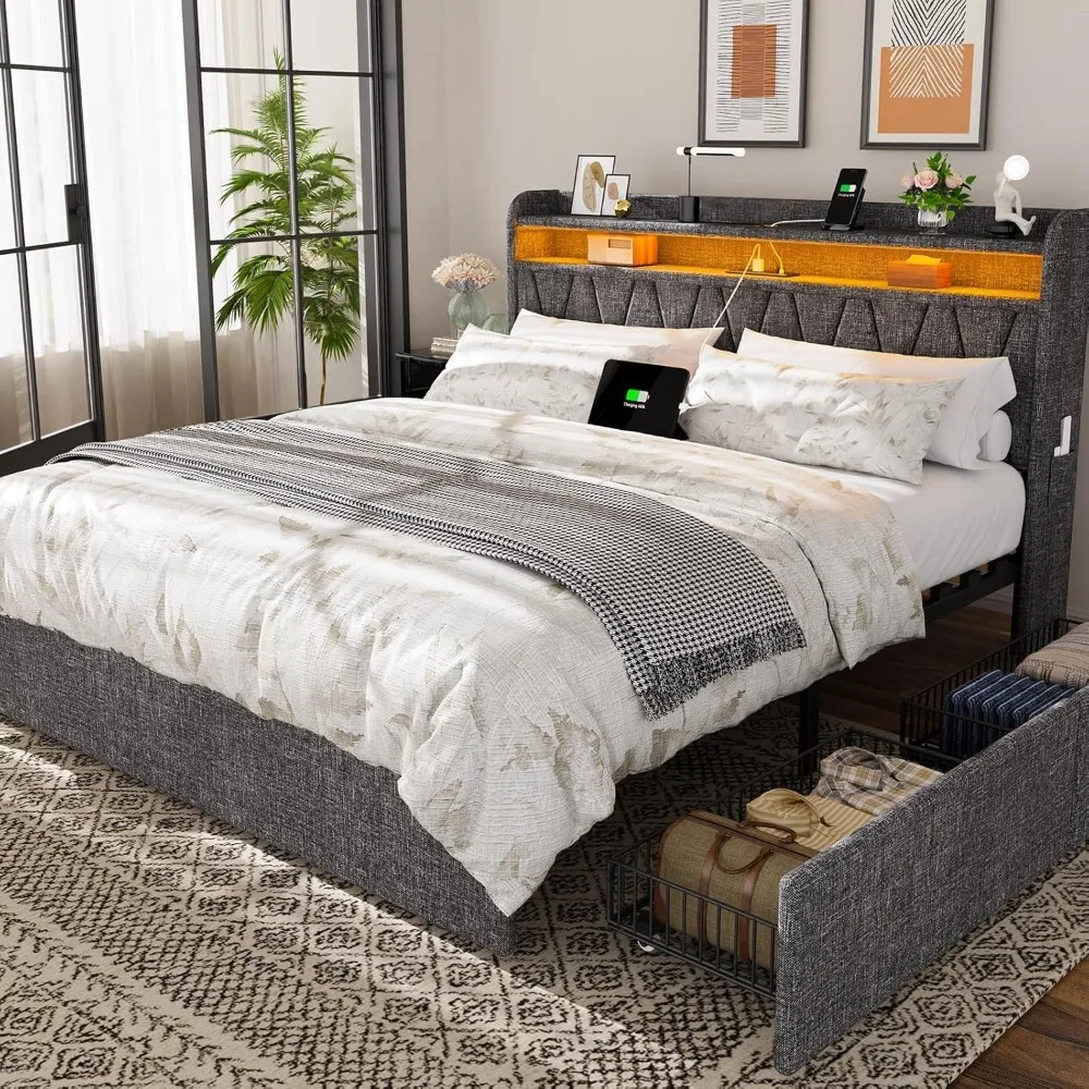 

King Size Bed Frame with 4 Storage Drawers, Upholstered Platform King Bed Frame with Headboard, LED Light and Charging Station,