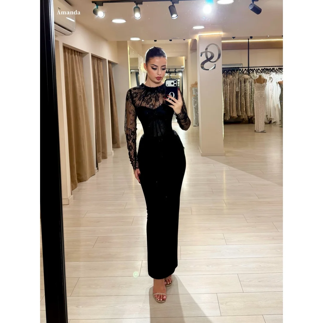 아만다 맞춤형 블랙 하이넥 프롬 드레스 시어 레이스 긴 소매 코르셋 웨이스트 벨벳 슬림핏 플로어 길이 정장 이브닝 드레스