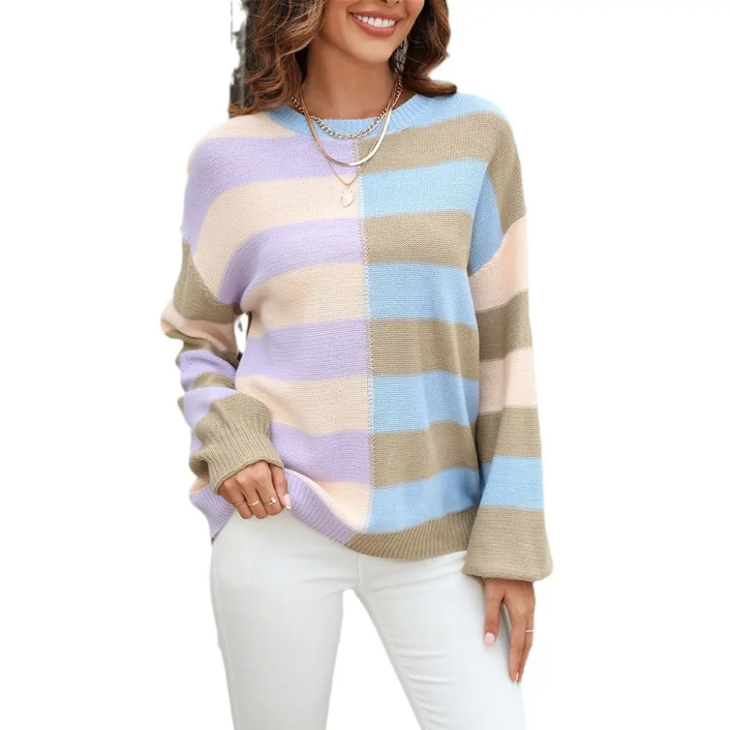 

Women's Autumn Crewneck Knitwear Pullover Sweater Stripe Color Contrasting Stitching European American Style