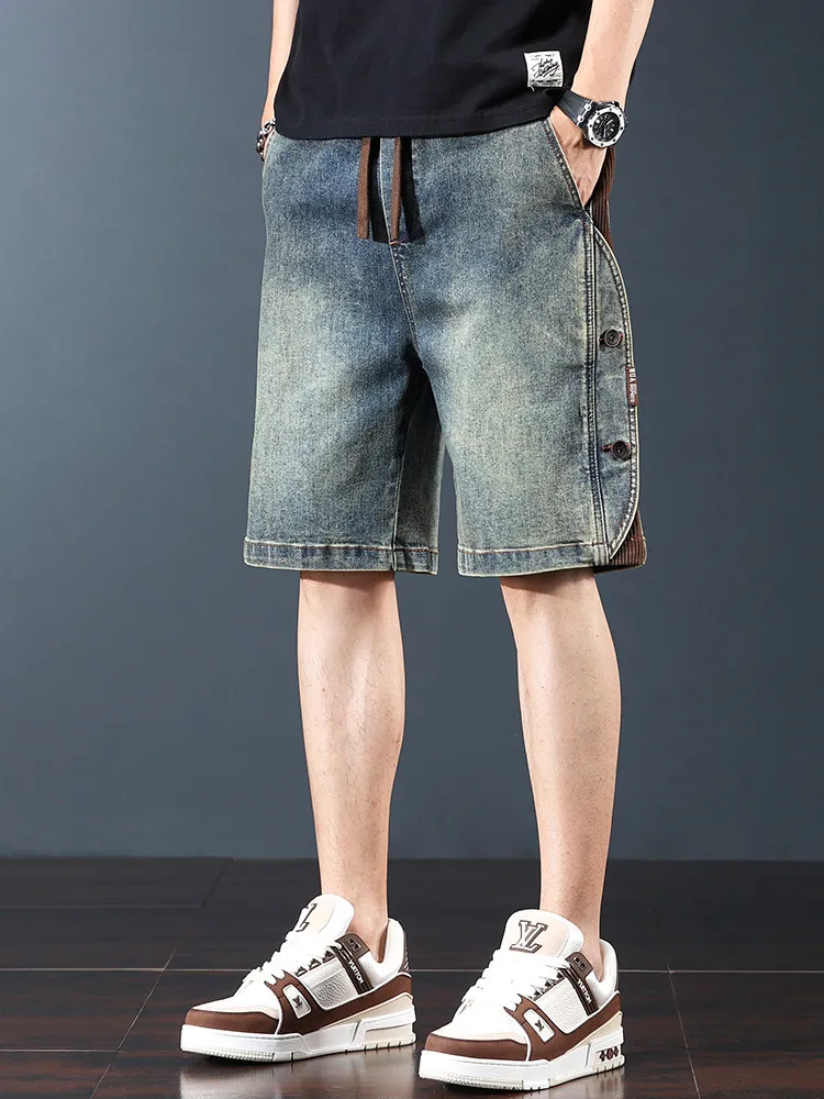 American Style Retro Patchwork Denim Shorts Men's Summer Loose Workwear Five-Point Straight Casual Mid-Length Pants