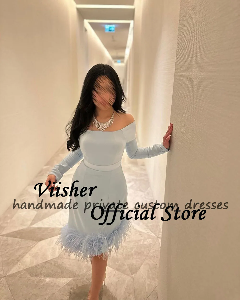 Viisher-Vestidos de Noche de sirena azul cielo, manga 3/4, plumas, satén, Dubai, fiesta de graduación, hasta la rodilla, vestidos de noche formales