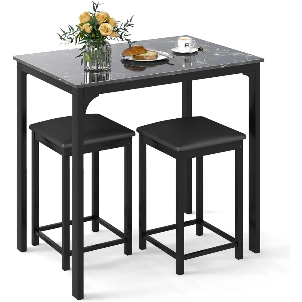 

3-Piece Dining Table Set for 2, Bar Table with Counter Height, Faux Marble Tabletop, Metal Frame, 330Lbs Bar Stools, Space Savi