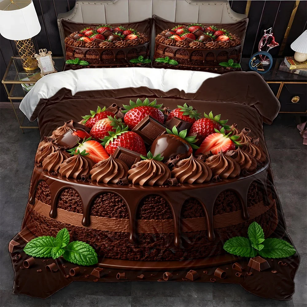 Juego de funda nórdica con diseño de chocolate y fresa de 3 piezas, juego de cama de tres piezas (1 funda nórdica + 2 fundas de almohada), adecuado para todas las estaciones, lavable a máquina, diseño con cremallera invisible, funda para cama doble grande, adecuado para el hogar, dormitorio, habitación principal, habitación de invitados, exquisito diseño de chocolate y fresa, ropa de cama cómoda y agradable para la piel, decoración elegante para el dormitorio, juego de ropa de cama de alta calidad con estampado plano 2D.