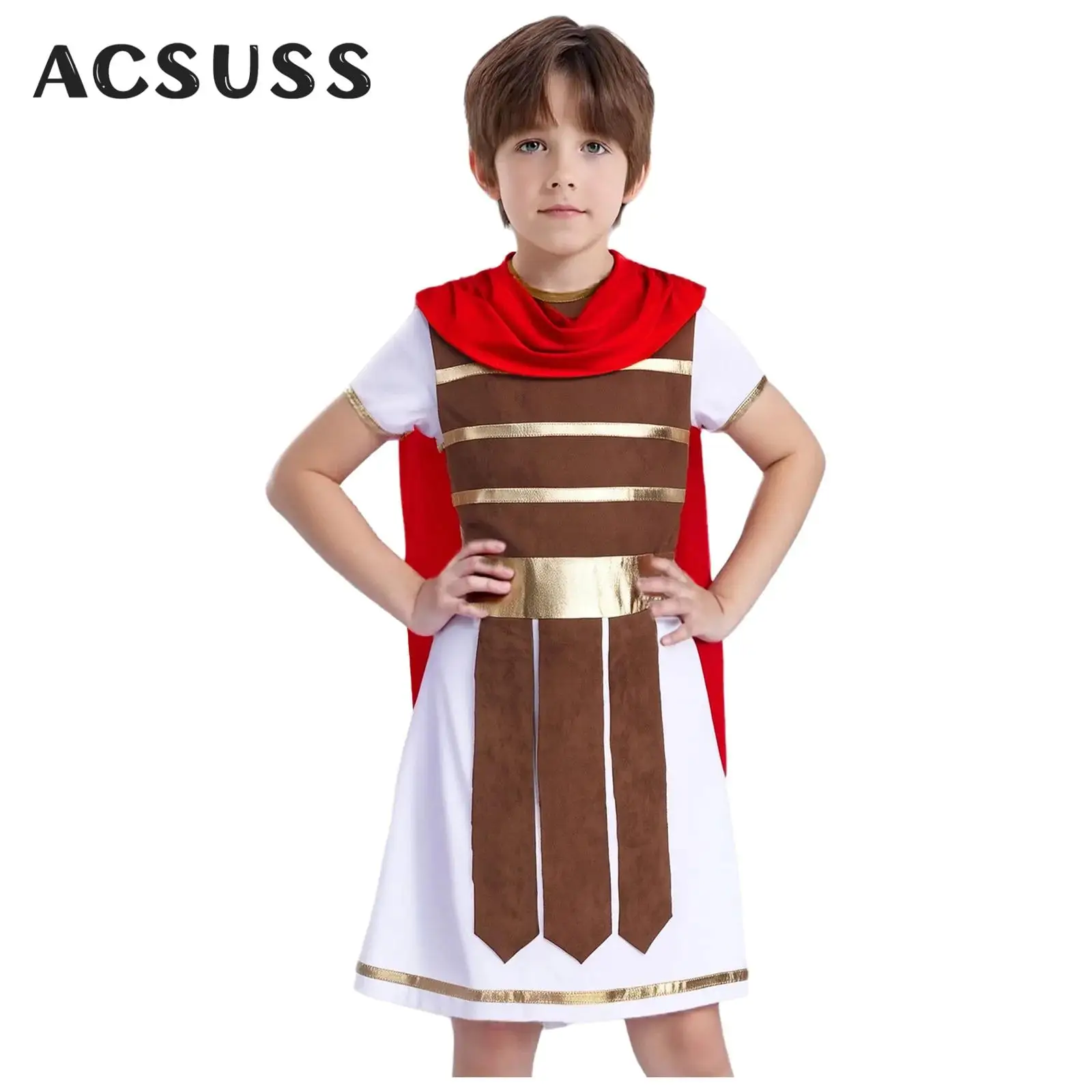 

Boys Ancient Roman Spartan Warrior Costume Kid Halloween Carnival Medieval Gladiator Knight Cosplay Robe Short Sleeve Cloak Gown