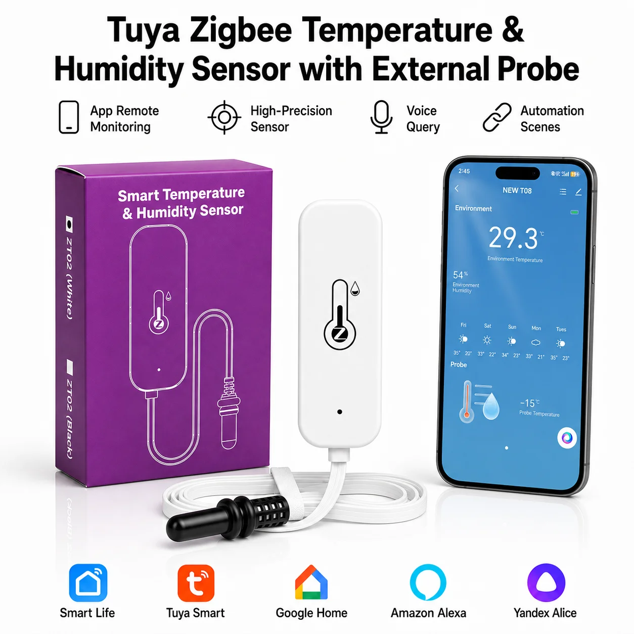 Tuya Zigbee Temperature Humidity Sensor with External Probe, Smart Home Compatible with Alexa Google Home Smart Life