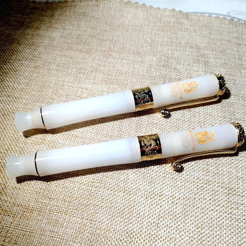 New White Jade Fountain Pen Gold/Silver Blade F 0.5MM Nib,Beautiful Unique Design Pens,Business Office Writing Ink Pen Gift Set