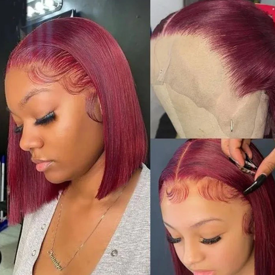 Burgund HD Transparent Kurzen Bob Menschliches Haar Perücken Peruanische 99J Rot Gerade 13x6x1 Lace Front Perücke für Frauen Pre Gezupft