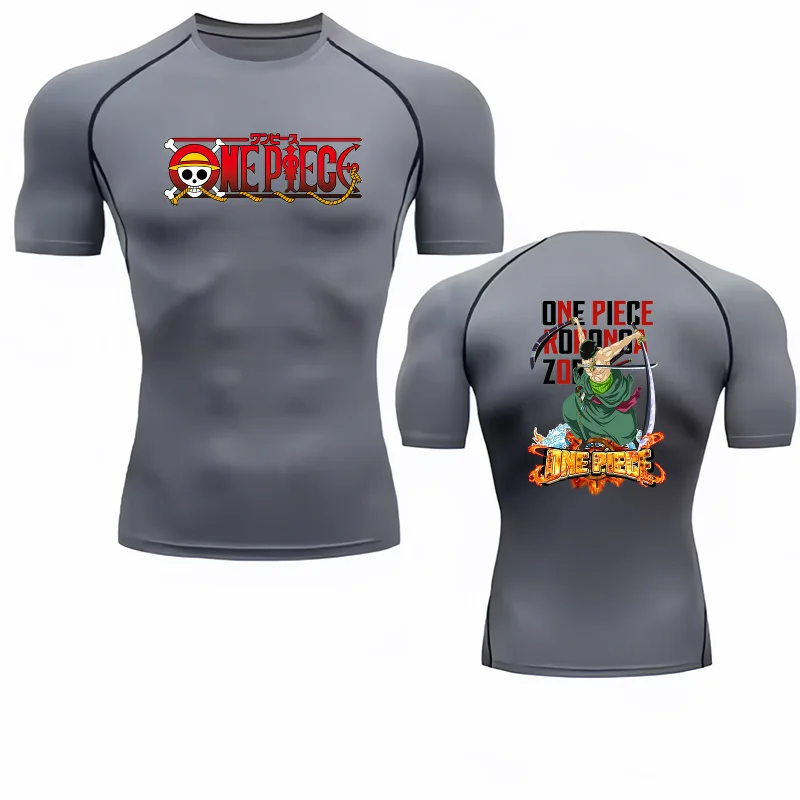 Bandai One Piece Zoro Anime Print Men's Compression T-Shirt, Quick Dry Breathable Gym Running Workout Elastic Fitness Top