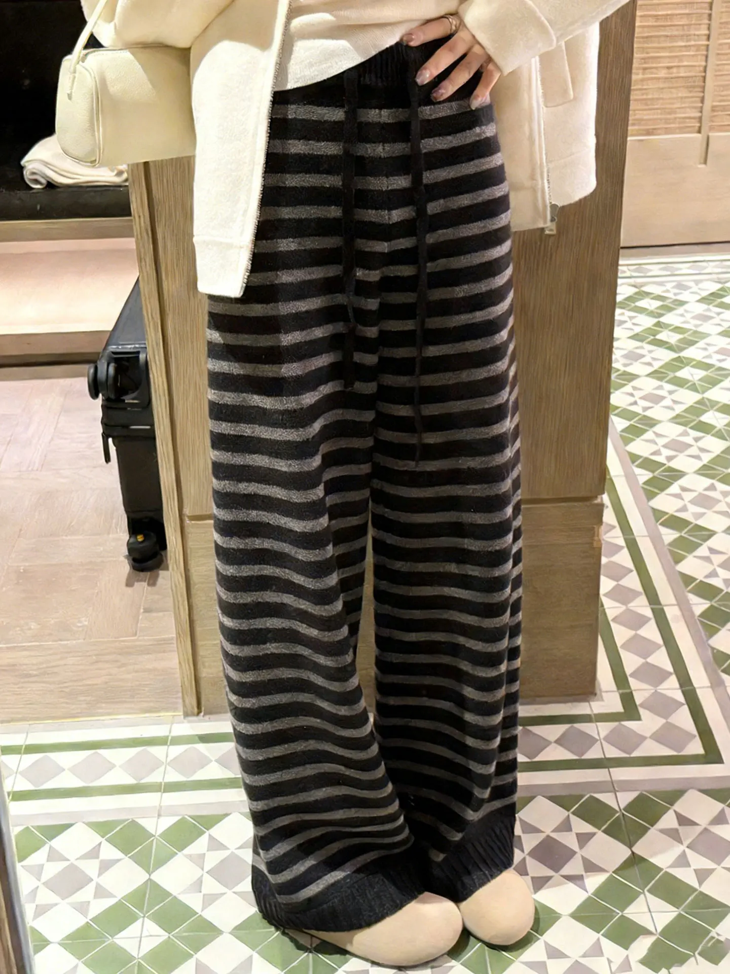 

High Waist Drapey Wide Leg Pants Dstring Striped Casual Trousers Versatile Straight Cut Spring Faion plus Size Women's P...