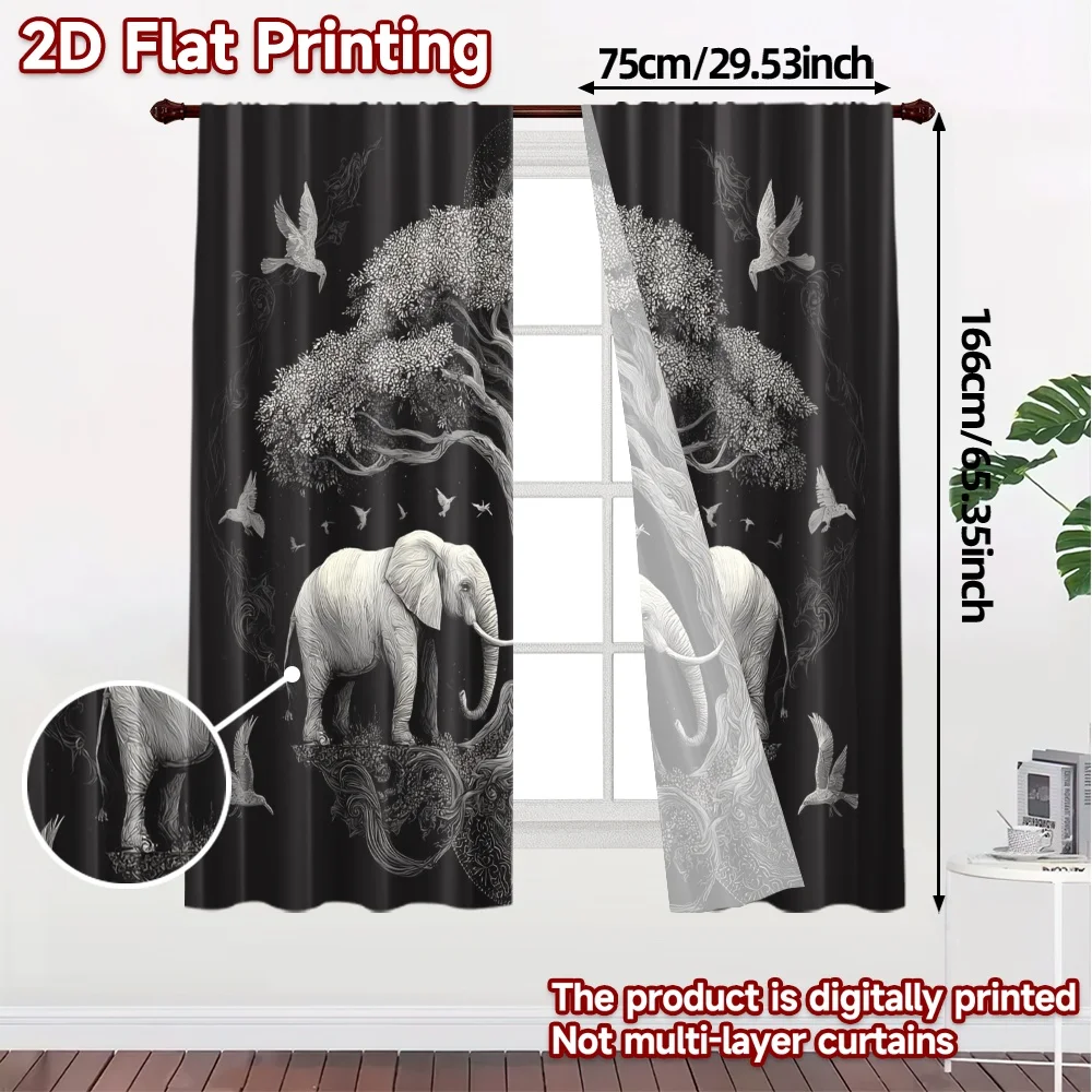 2pcs, 2D FLAT PRINTING Curtains (Without Rod) Elephant Harmony(1) Chic Light Filtering Curtains Durable 100% Polyester Fabric