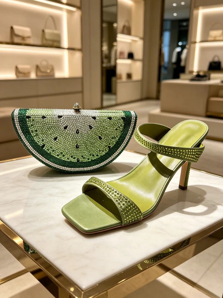 Conjunto de Zapatos de Tacón Cuadrado con Dos Tiras Color Verde Oliva y Bolso de Mano con Pedrería en Forma de Rodaja de Lima, Zapatos de Moda de Lujo para Mujer, Ideales para Fiestas y Eventos