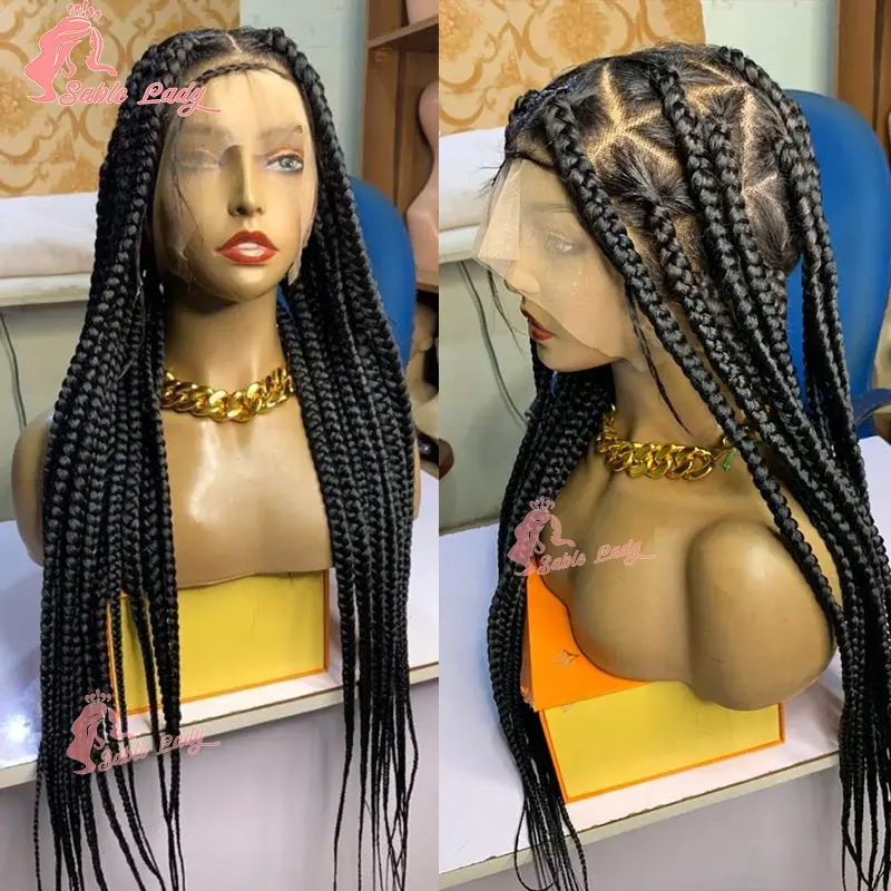 Full Lace trançado peruca para mulheres negras, sintético Jumbo, tranças Cornrow, Knotless Box, peruca frontal, 36"