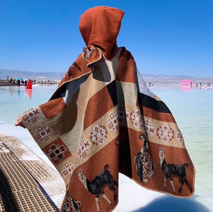 秋と冬のフェイクカシミヤポンチョエスニックスタイルラップ旅行特大居心地の良いスカーフ厚く暖かいアウターケープP2