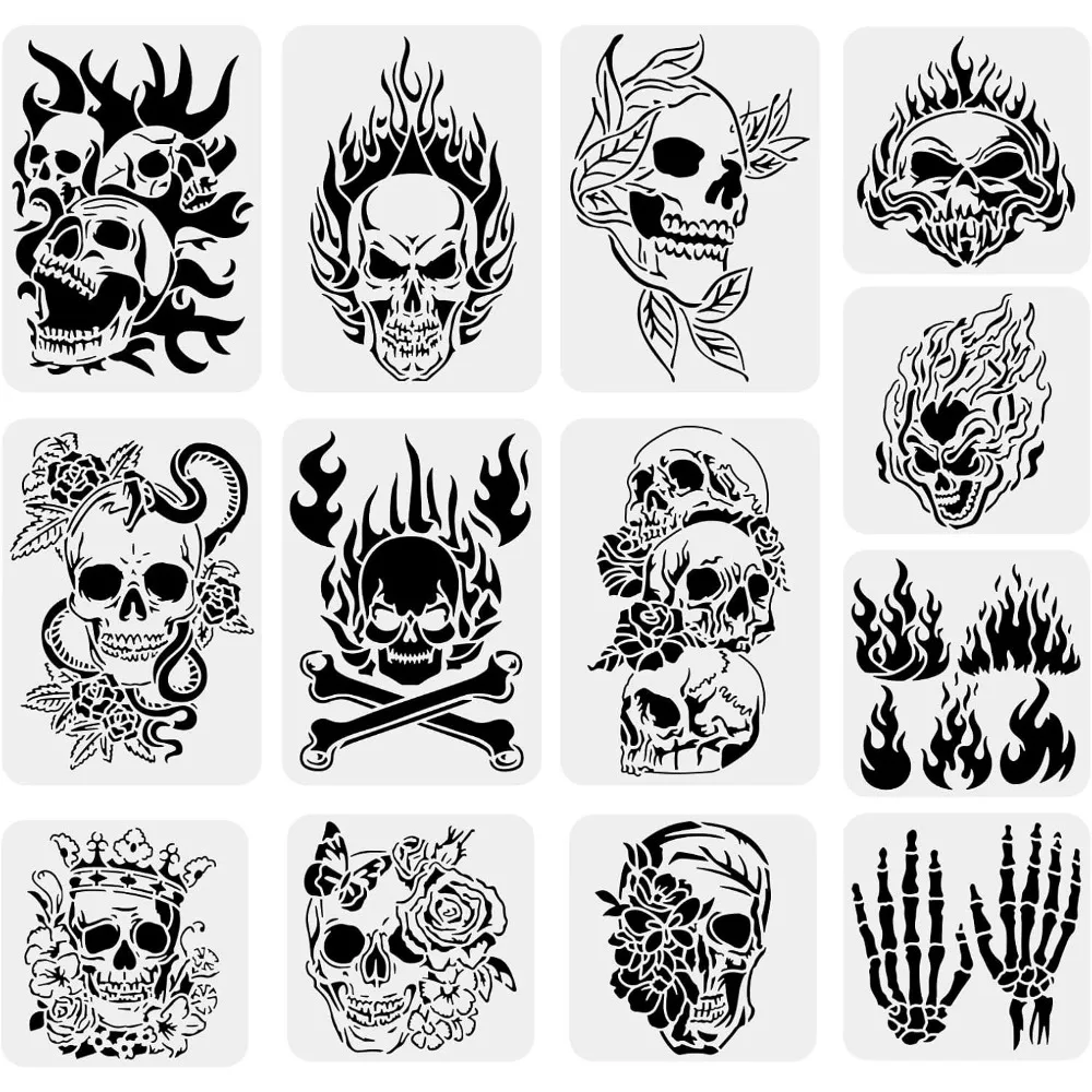 13PCS Skull Pattern Drawing Stencils, Skull Flame Scary Skeleton Template for Scrabooking Card Making, Wall Floor Art, Festival