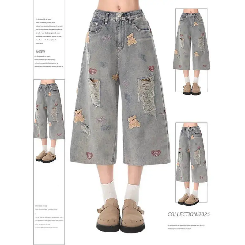 

Американские джинсы больших размеров с высокой талией, женские, с вышивкой, свободные, широкие штанины, летние, для повседневной носки