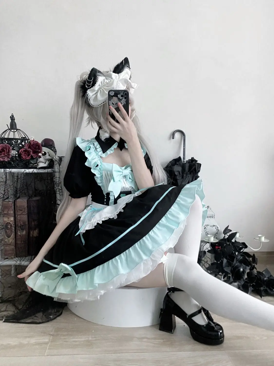 Kawaii Gothic Lolita Maid Dress Short Sleeve Kawaii Bow Maid Party Dresses Cosplay Cats Girl Harajuku Cute Pink Ruffles Black