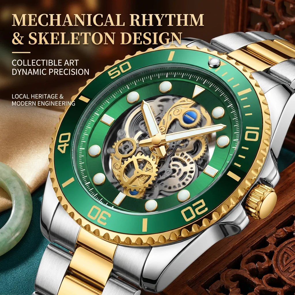 1pcs Cool Hollow Mechanical Watch Green Dial Two-tone Strap Fashion Versatile Men's Personality Wristwatch