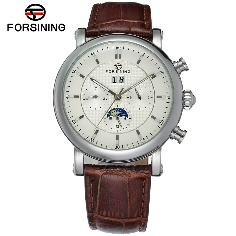 FORSINING Automatic Watch Mens Tourbillon Mechanical Waterproof  Leather Strap Moonphase Male Self-Winding Wristwatches Relogio