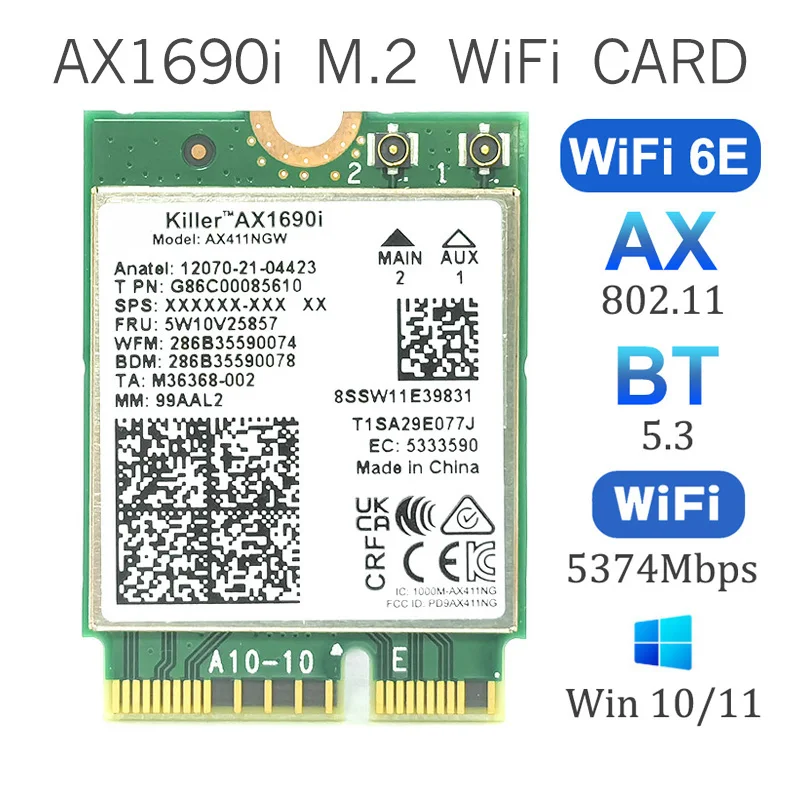 

AX1690I WiFi Card with 8DB Antenna AX411 Wi-Fi 6E Speed 2.4Gbps 802.11AX 2.4/5/6GHz Bluetooth 5.3 Wireless Module